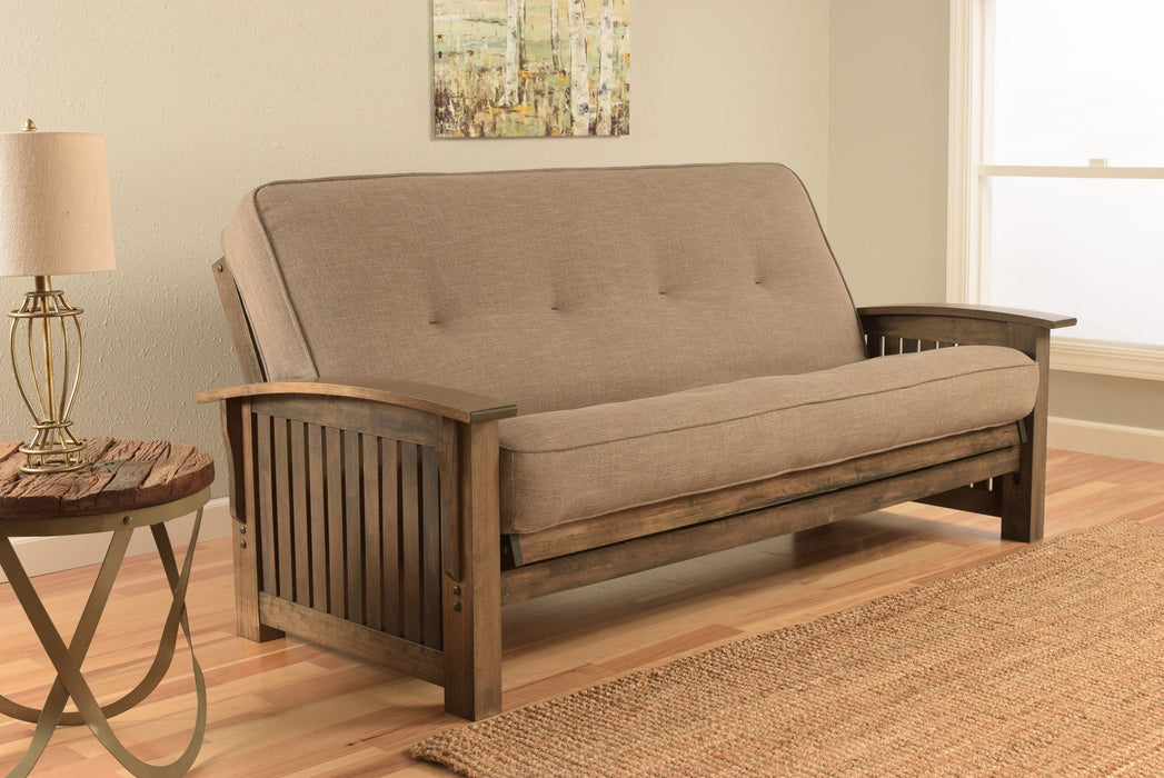 Beatiful mission style futon frame in a rustic walnut finish with taupe mattress