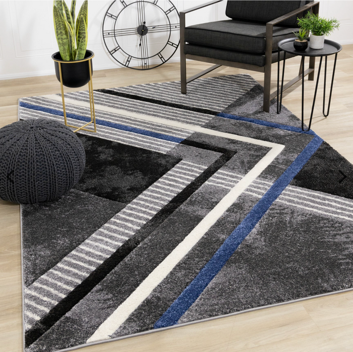 Geometric patterned Soho area rug with grey, black and blue tones
