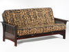 Wood futon frame in dark chocolate stain with aztec cover on futon mattress