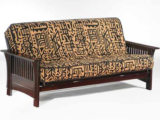 Wood futon frame in dark chocolate stain with aztec cover on futon mattress
