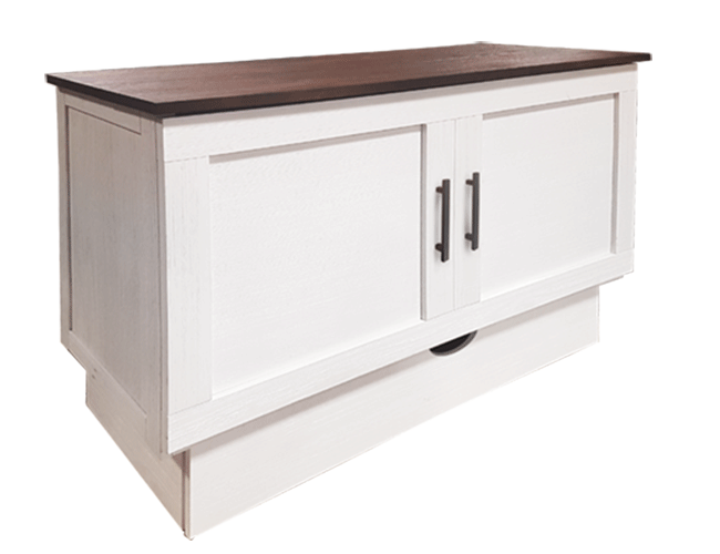 Capered Sleepchest in white with a wood top.  In the closed position 