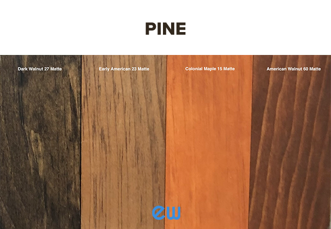 Collage of Pine finishes - Dark Walnut, Early American, Colonial Maple, American Walnut