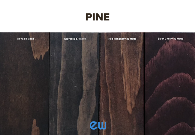 Collage of Pine finishes - Kona, Espresso, Red Mahogany, Black Cherry