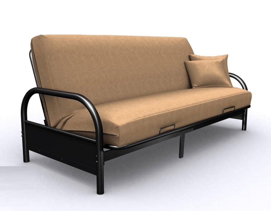 Black metal futon with side rounded arms with futon mattress in upright position