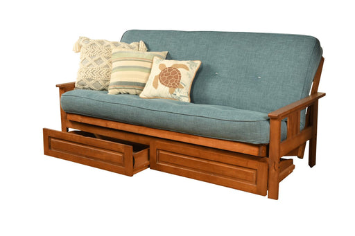 Monterey futon frame shown with storage drawers in medium stain finish