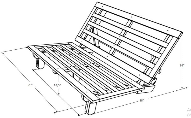 sketch of futon frame showing all dimensions