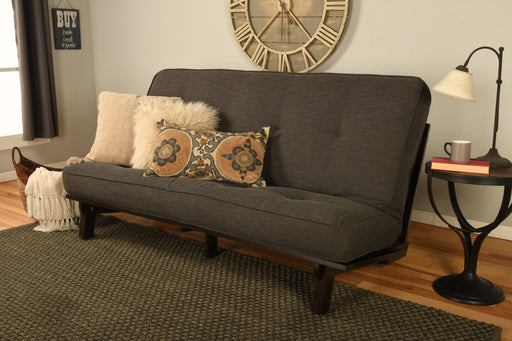 armless wood futon frame in a java finish complete with grey mattress