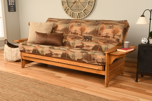 wood futon frame with a fold out tray in the arm butternut finish