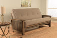 Beatiful mission style futon frame in a rustic walnut finish with taupe mattress