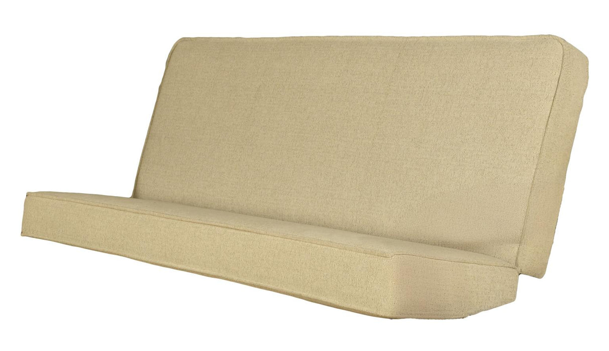 Beige fabric innerspring futon mattress on a white background