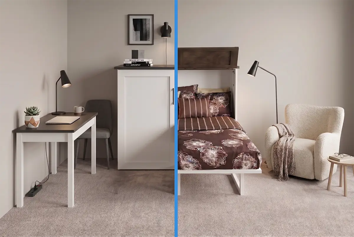 Image that is split down the middle. The left side shows a cabinet bed closed, the right side shows a cabinet bed open.