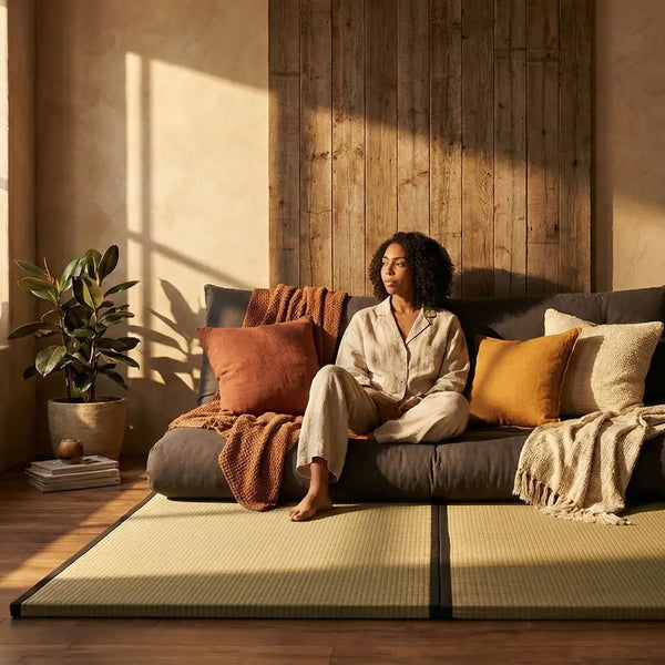 A woman in her pajamas, sitting on a shikibuton looking out the window. Early morning light streams in the window as she thinks about getting ready for the day.