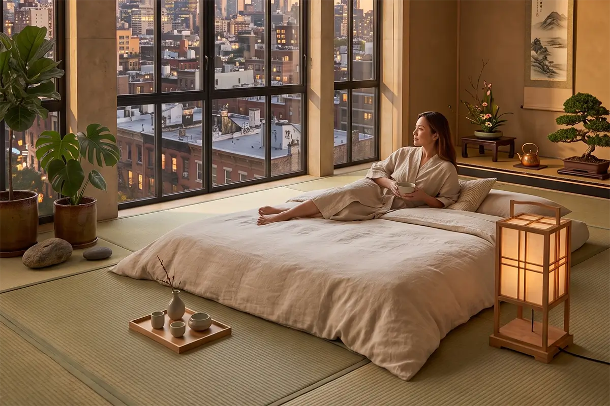 Woman relaxing in her bedroom on a Shikibuton and the floor is covered in Tatami mats. Japanese zen inspired decor.