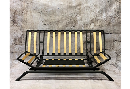 Armless black metal futon showing supportive slats