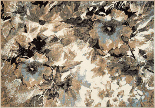 Blue, cream and brown area rug with a floral design