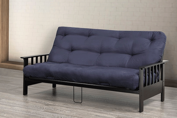 Black metal futon frame with futon mattress and blue cover