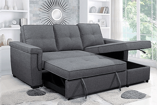 Grey sofa sleeper showcasing storage area