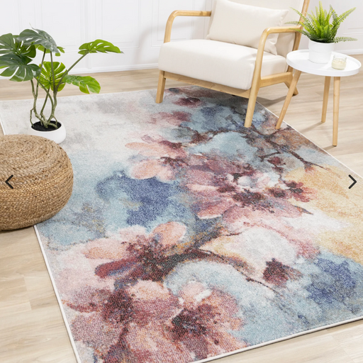 Fresco Area Rug with blue and pink tones and large, soft floral design