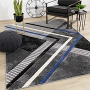 Geometric patterned Soho area rug with grey, black and blue tones