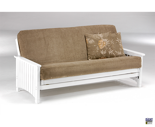 Key West Futon Frame in white finish with futon mattress in seated position