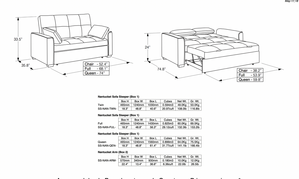 Dimensions for all sizes of the convertible sofa and chair