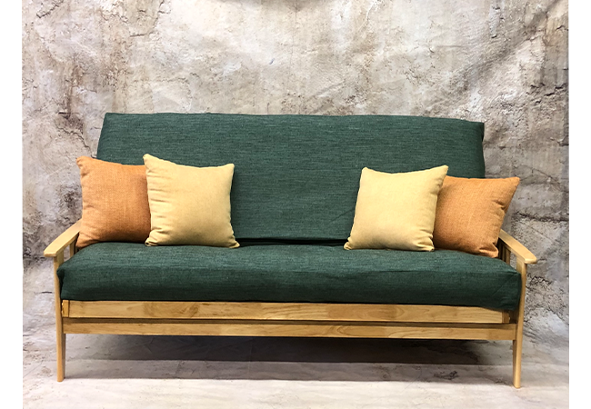 Medina Futon Frame in Natural Finish with Green Futon Cover - front facing view