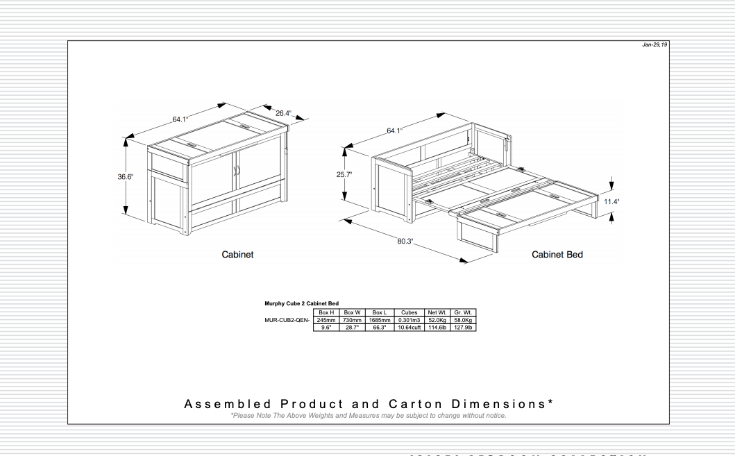 Dimensions for Murphy Cube Cabinet Bed