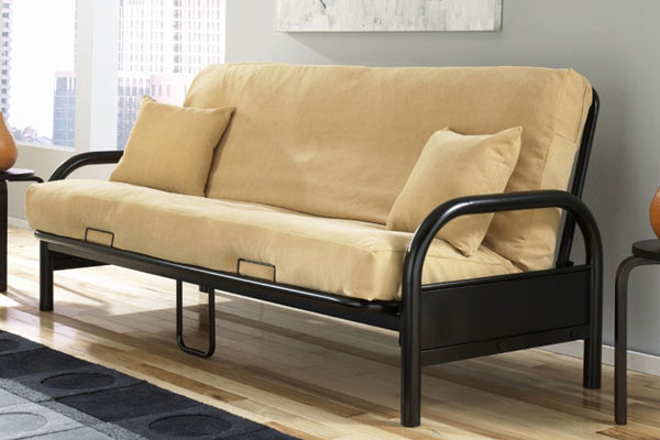 Black metal futon with rounded side arms