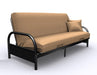 Black metal futon with side rounded arms with futon mattress  in upright position